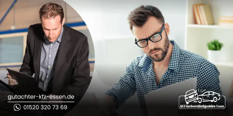 Es sind Bilder von zwei Männer zu sehen. Links steht ein Mann mit Klemmbrett vor einem Fahrzeug, rechts sitzt ein anderer Mann konzentriert am Schreibtisch und blickt auf einen Laptop. Die Internetadresse gutachter-kfz-essen.de und die Telefonnummer bzw. WhatsApp-Nummer 015203207369 sind im Bild eingeblendet.