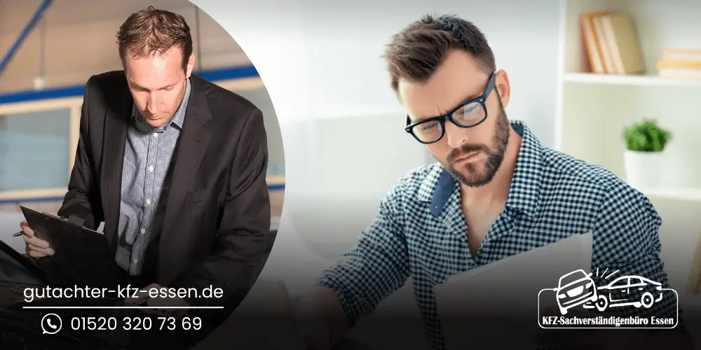 Es sind Bilder von zwei Männer zu sehen. Links steht ein Mann mit Klemmbrett vor einem Fahrzeug, rechts sitzt ein anderer Mann konzentriert am Schreibtisch und blickt auf einen Laptop. Die Internetadresse gutachter-kfz-essen.de und die Telefonnummer bzw. WhatsApp-Nummer 015203207369 sind im Bild eingeblendet.