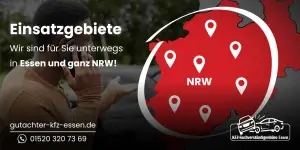 Ein Mann ist von hinten zu sehen, wie er telefoniert. Außerdem ist die Karte von Nordrhein-Westfalen zu sehen. Die Internetadresse gutachter-kfz-essen.de und die Telefonnummer bzw. WhatsApp-Nummer 015203207369 sind im Bild eingeblendet. Es ist ebenfalls die folgende Überschrift zu sehen: Einsatzgebiete. Darunter befindet sich der Text: Wir sind für Sie unterwegs in Essen und ganz NRW!