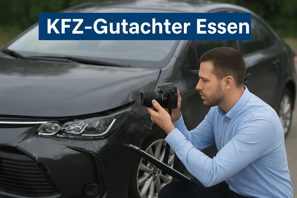 KFZ-Gutachter fotografiert einen Unfallschaden an einem Fahrzeug in Essen